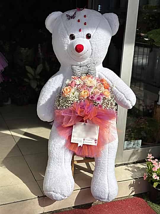 Büyük Beyaz Peluş Ayı & Somon Gül Aranjmanı