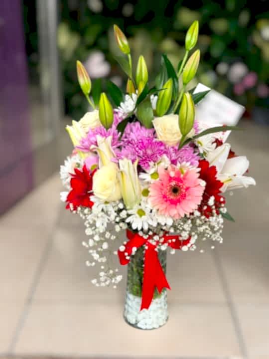 Cam Vazoda Aranjman Renkli Lilyum & Gerbera