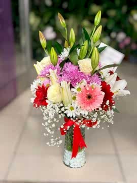 Cam Vazoda Aranjman Renkli Lilyum & Gerbera