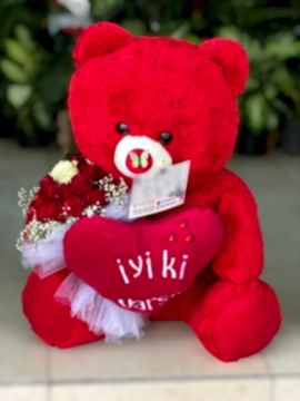 İyi Ki Varsın Kırmızı Peluş Ayıcık & 15 Gül Buketi